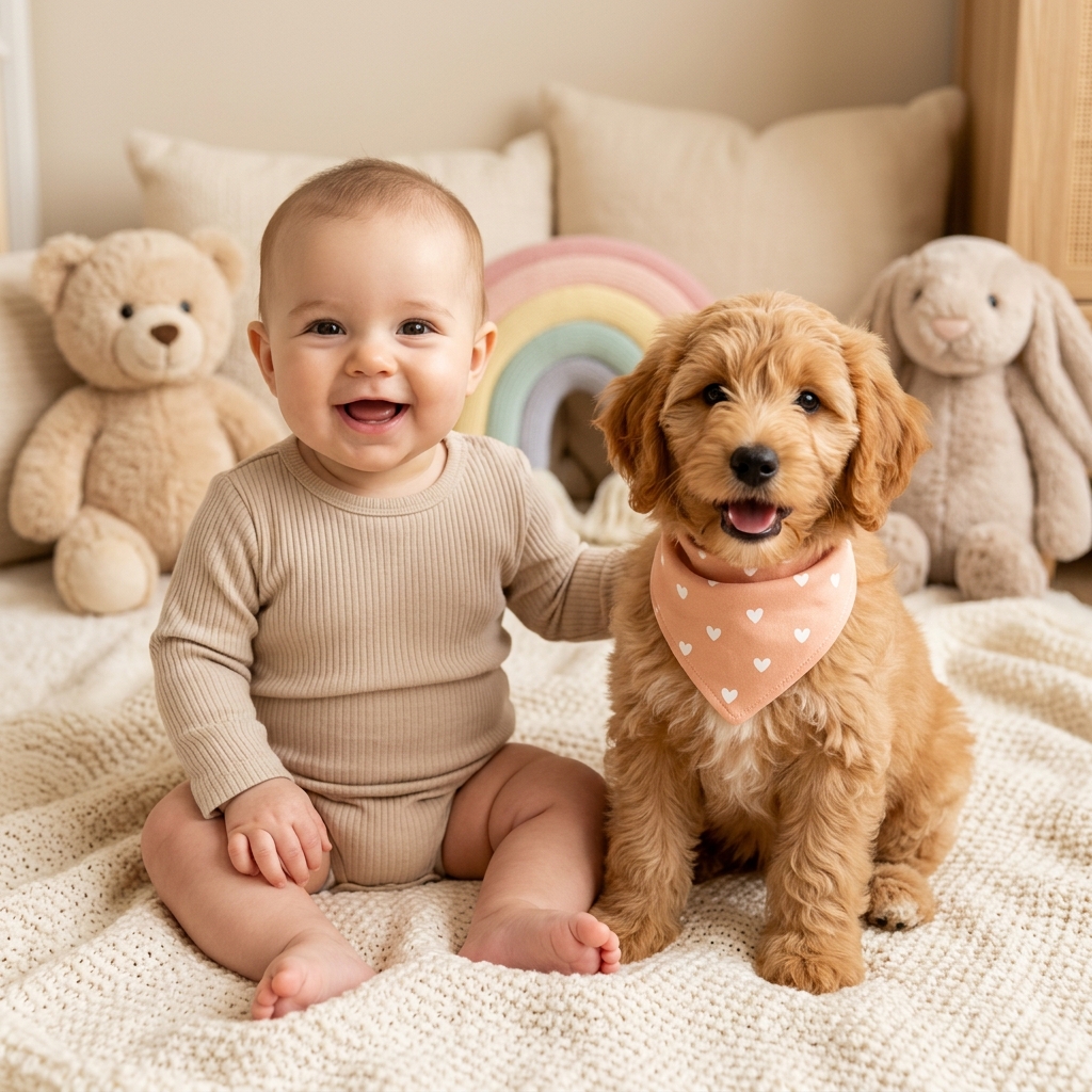 Baby and Puppy in matching outfits